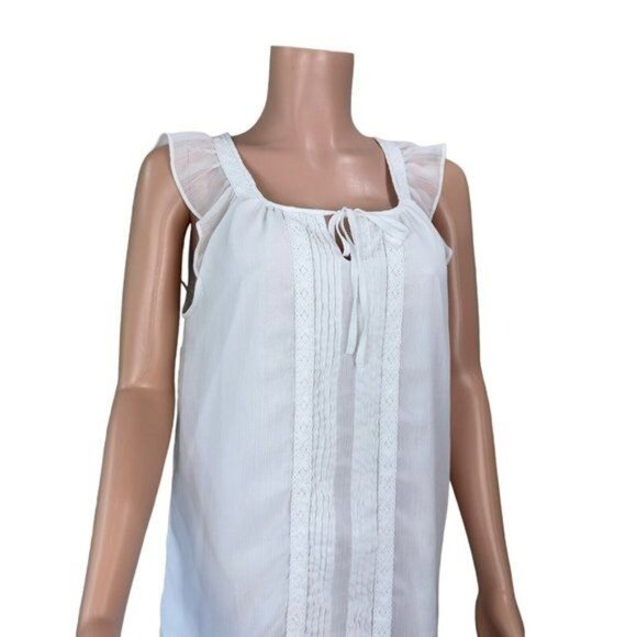 ELLE Women SZ L White Sleeveless Blouse Pleated Front-Tie Neck- Lined-Casual - Picture 10 of 14